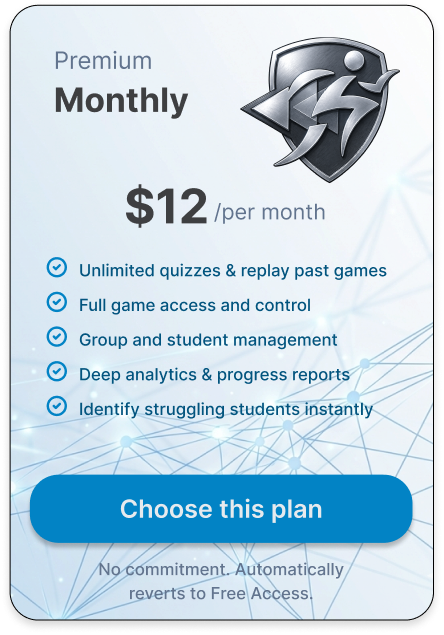 Premium Monthly: $12 per month, unlimited quizzes and replay past games, full game access and control, group and student management, deep analytics and progress reports, identify struggling students instantly.